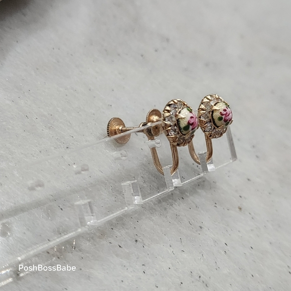 Vintage Floral Porcelain Screw Back Earrings | Rhinestone Gold Tone - Picture 12 of 13
